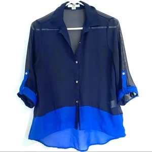 Sheer Two-Tone Blue Button-Up Top Medium